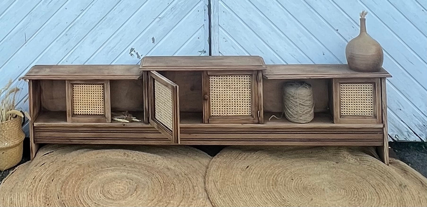 Meuble télé tv enfilade en chêne massif brut et cannage