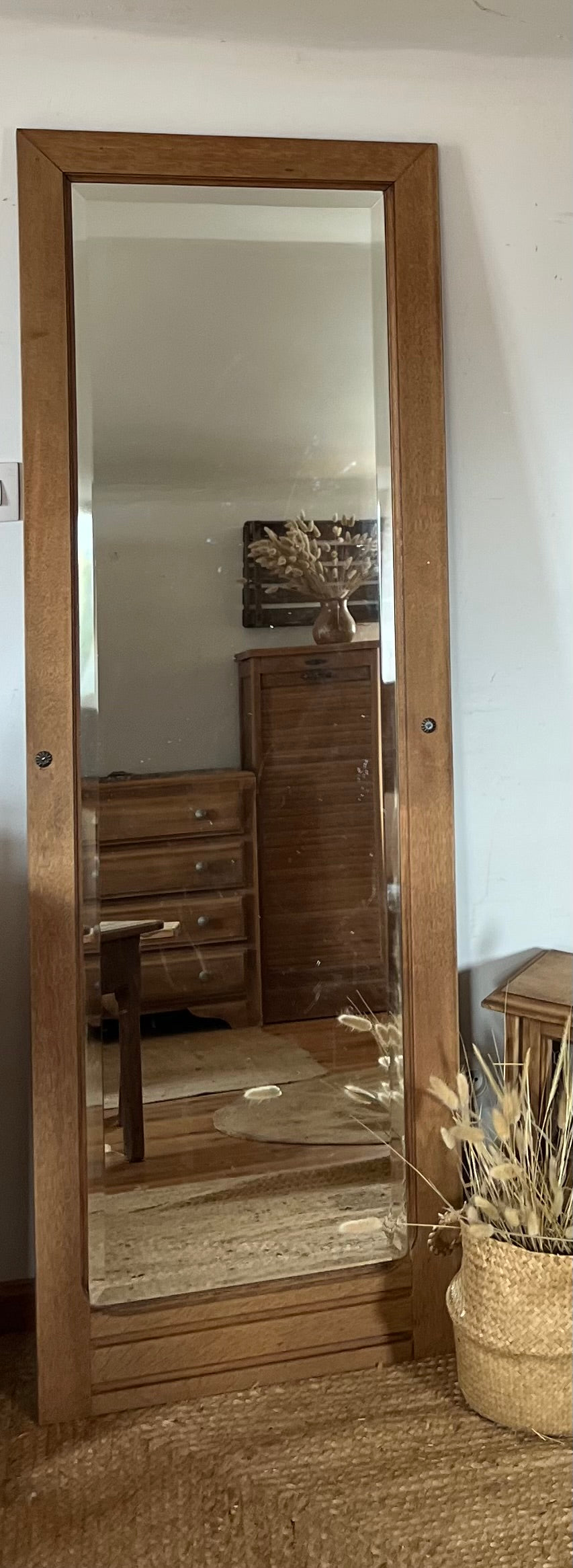 Grand miroir ancien en chêne massif brut