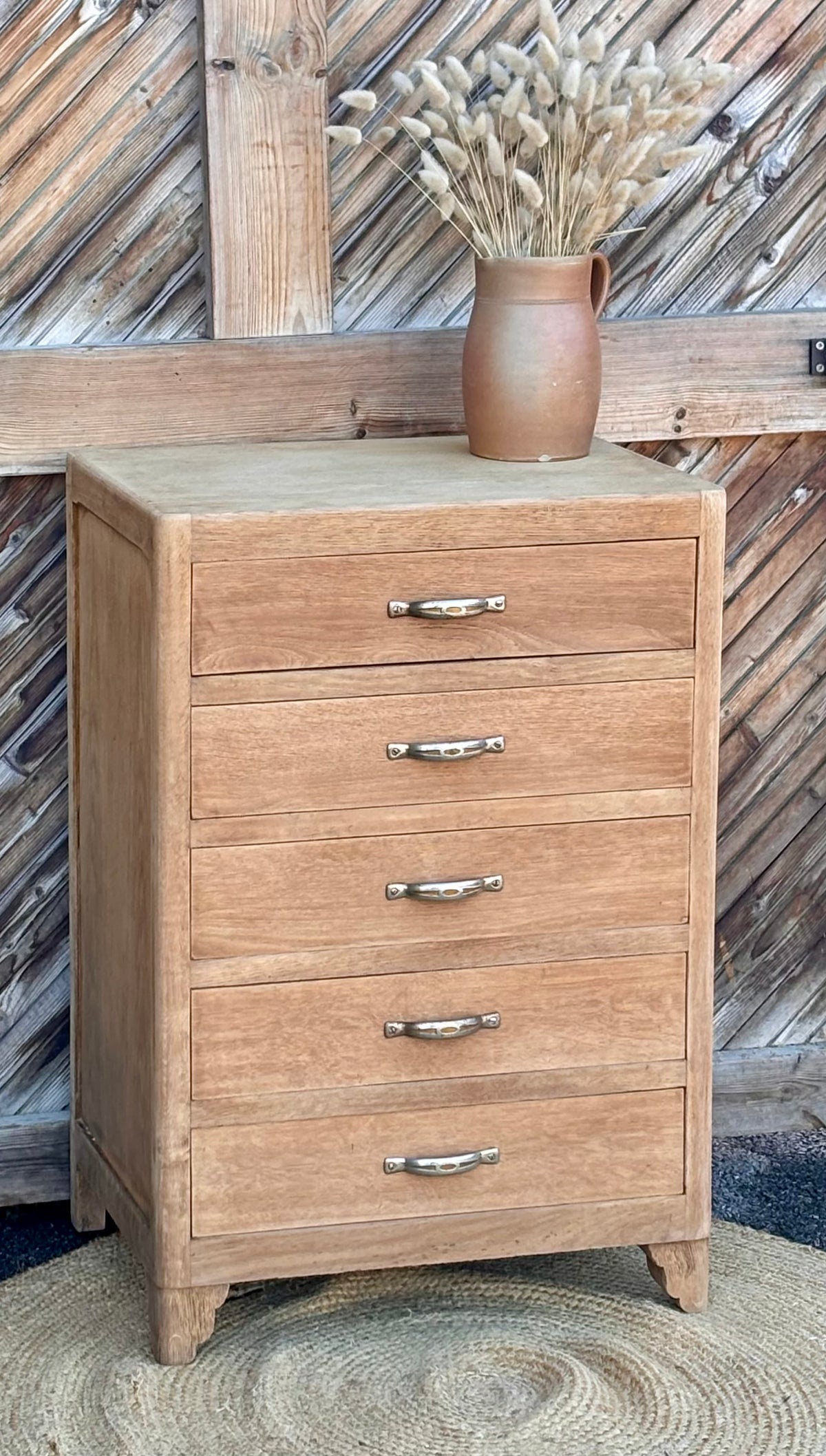 Chiffonnier vintage ancien - années 40 en chêne brut / 5 tiroirs