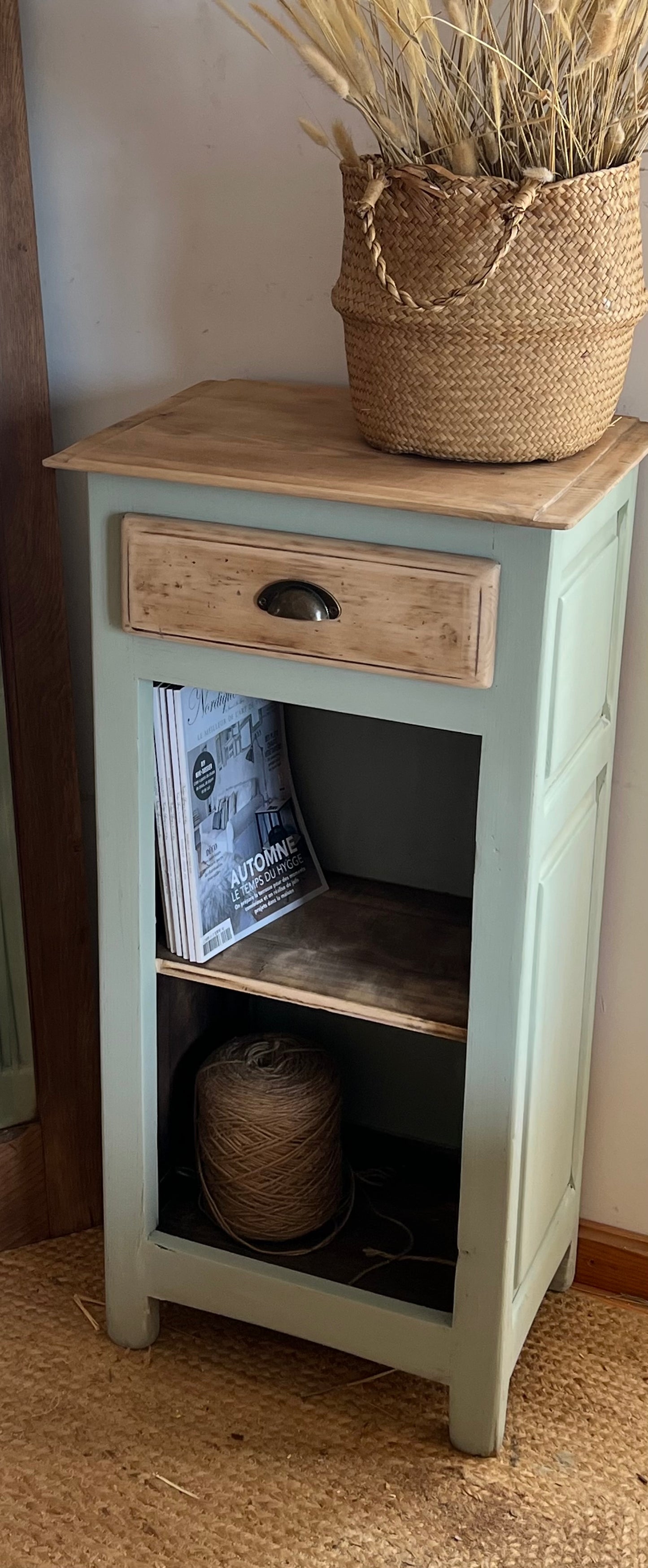 Petit meuble parisien : buffet bibliothèque console en chêne massif brut et vert d’eau