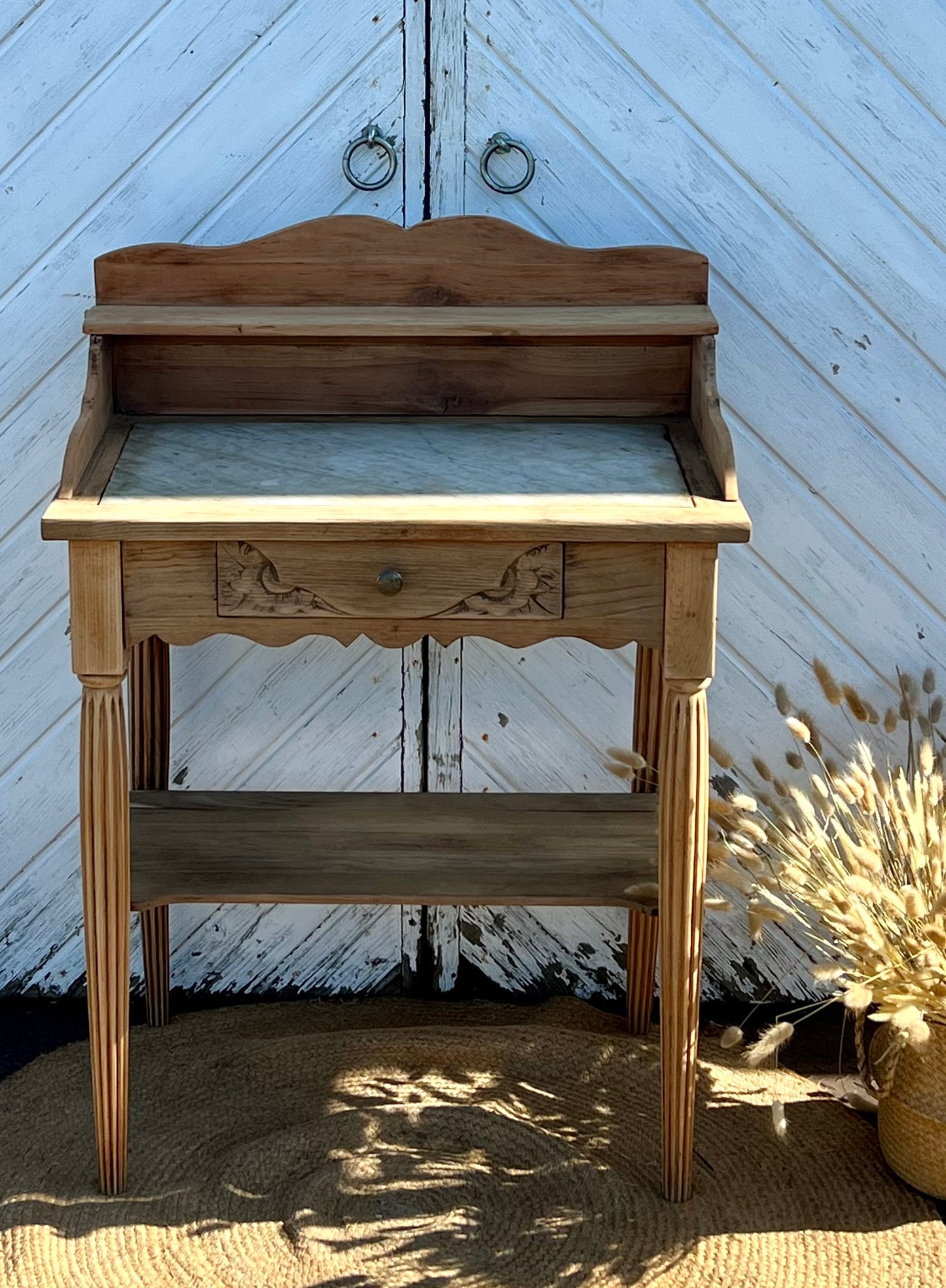 Coiffeuse ancienne art déco en bois massif brut et marbre