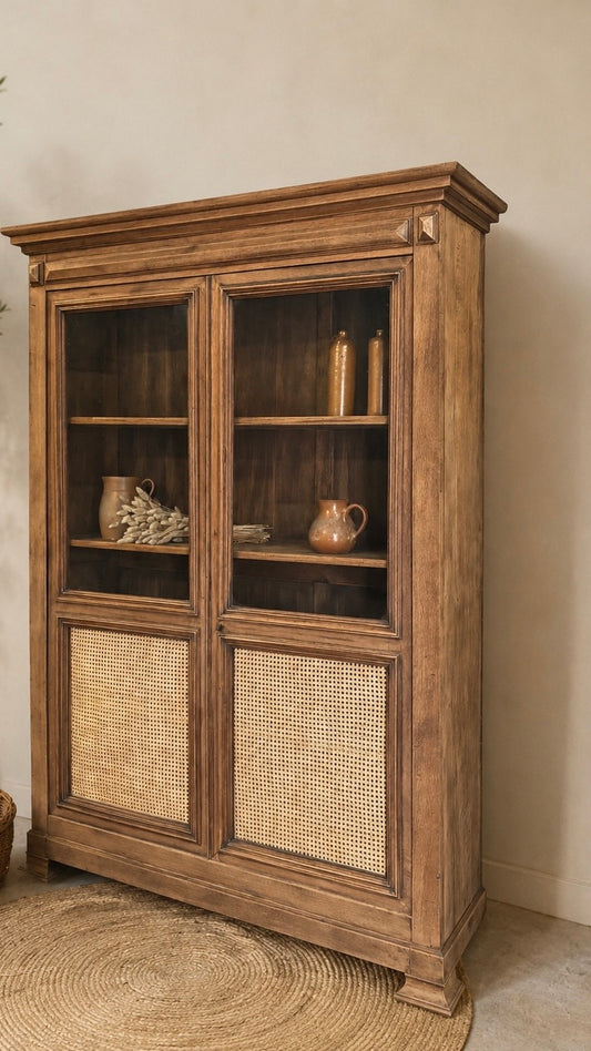 Armoire étroite ancienne en chêne massif brut : vaisselier - bibliothèque