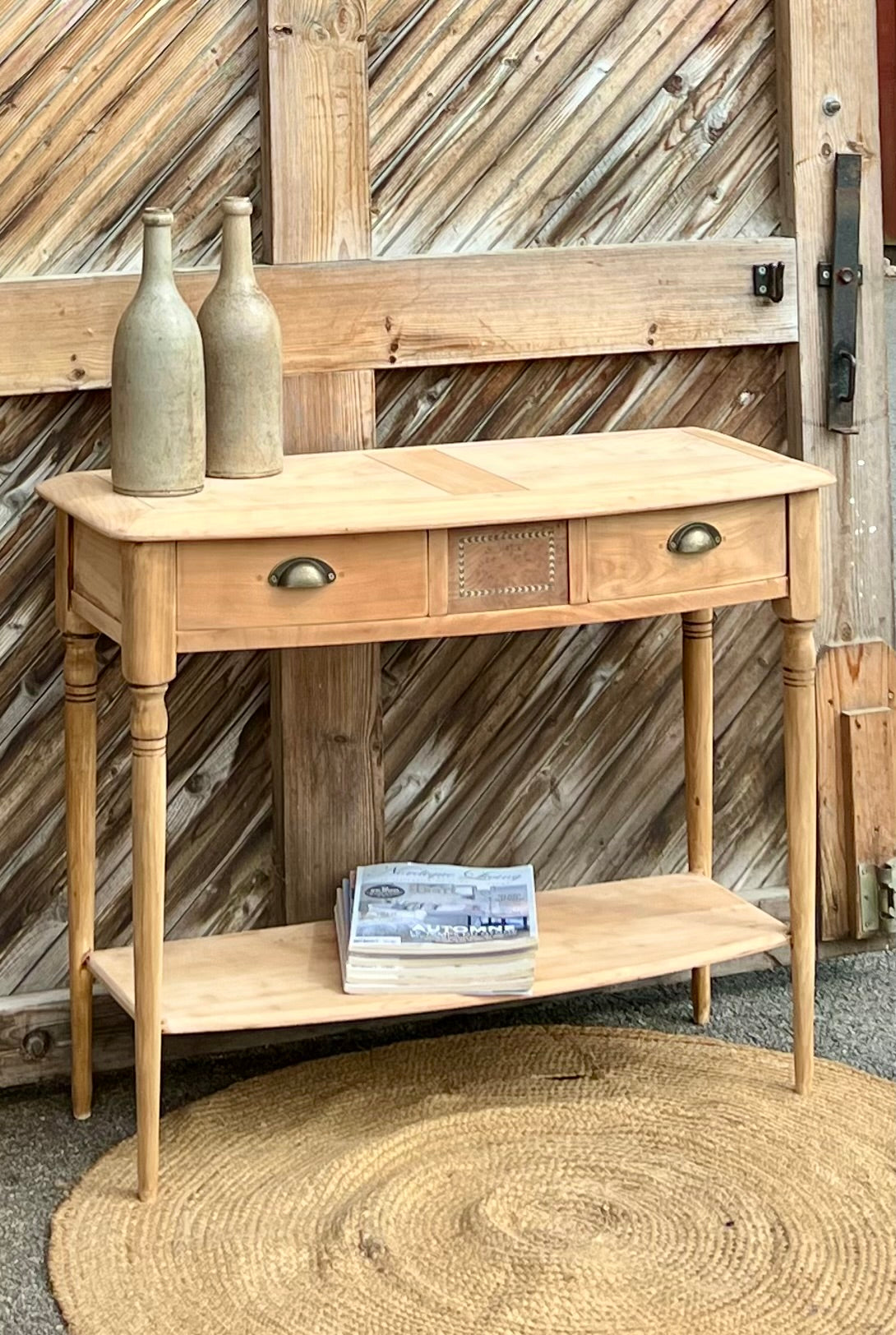 Console ancienne en bois brut : 3 tiroirs