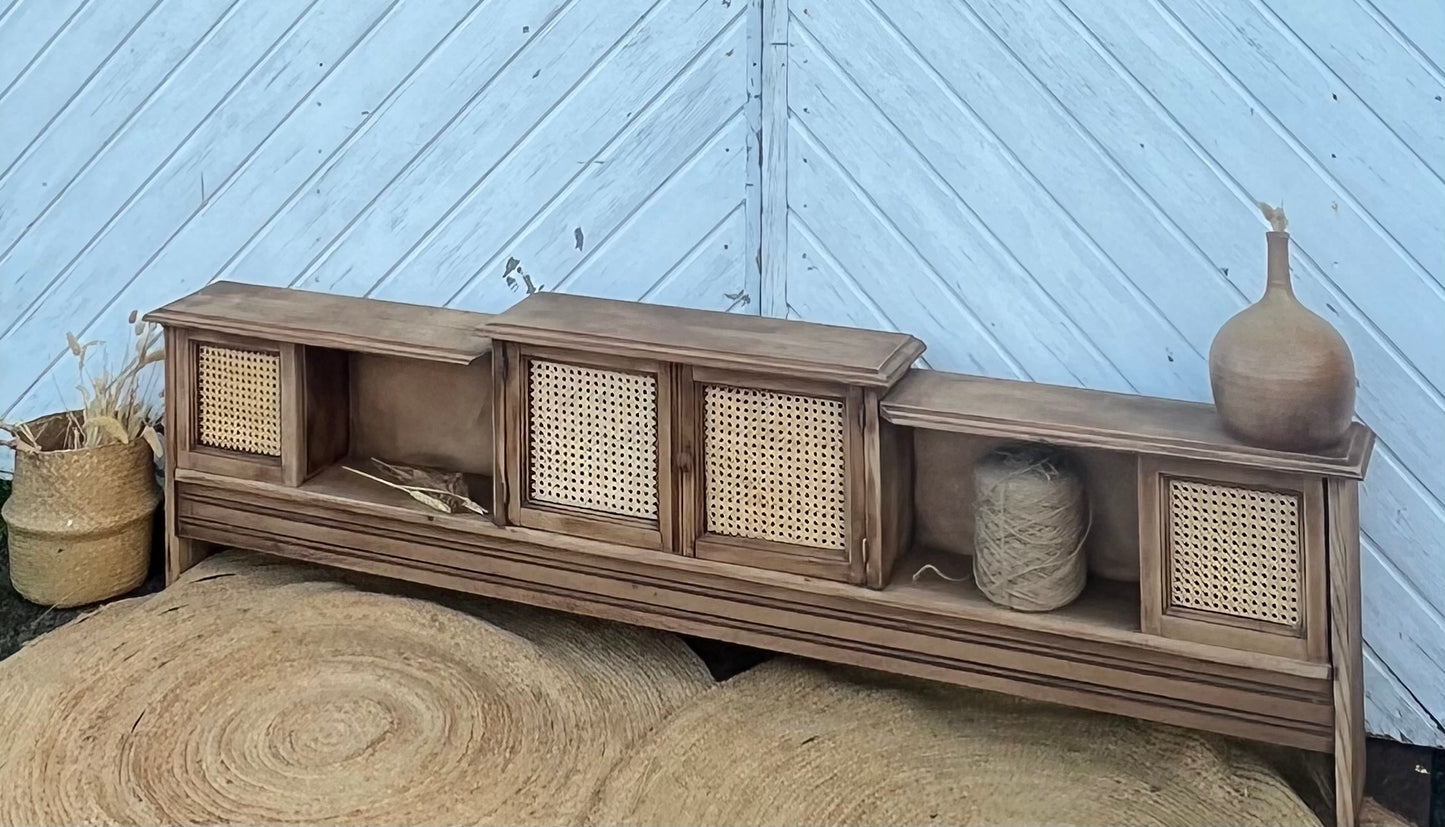 Meuble télé tv enfilade en chêne massif brut et cannage
