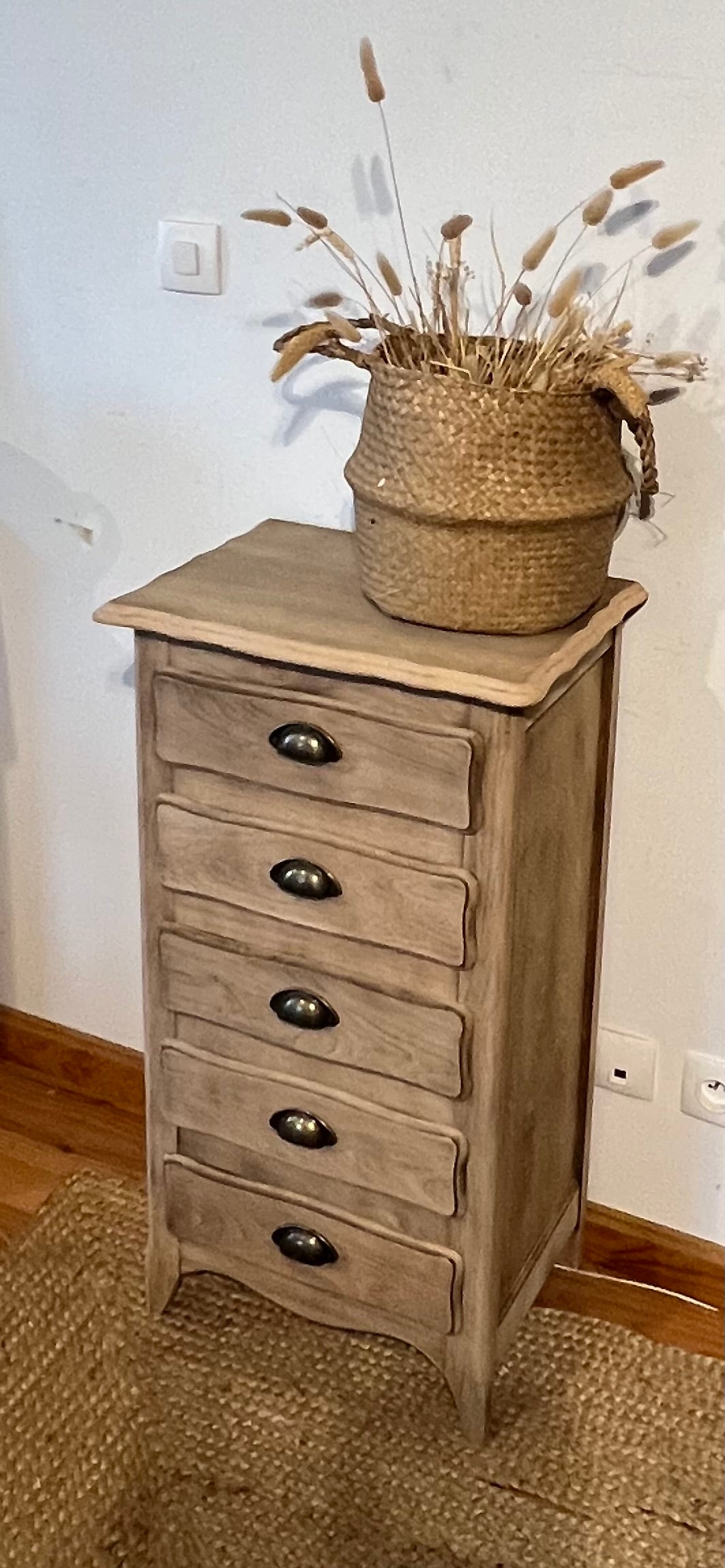 Chiffonnier ancien en chêne brut 5 tiroirs