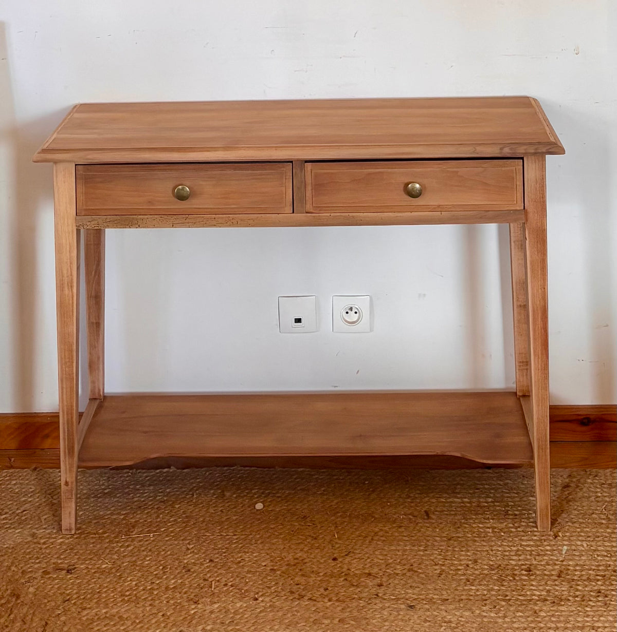 Console ancienne en bois massif brut 2 tiroirs