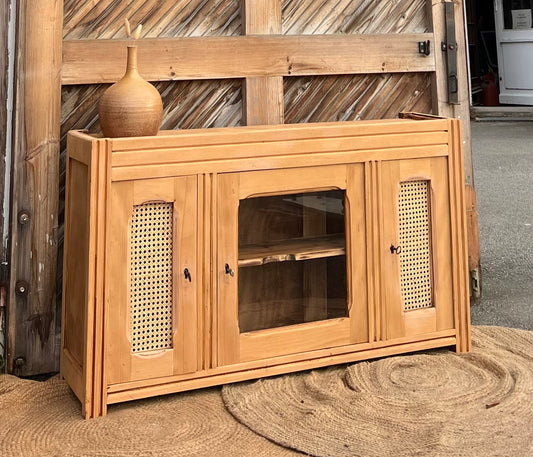 Meuble télé tv ancien en bois brut et cannage