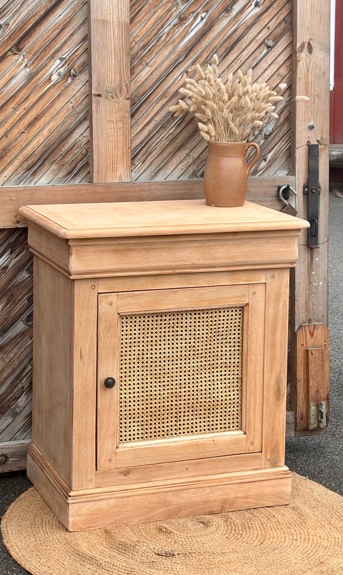 Buffet 1 tiroir 1 porte - meuble vasque - confiturier en chêne brut et cannage