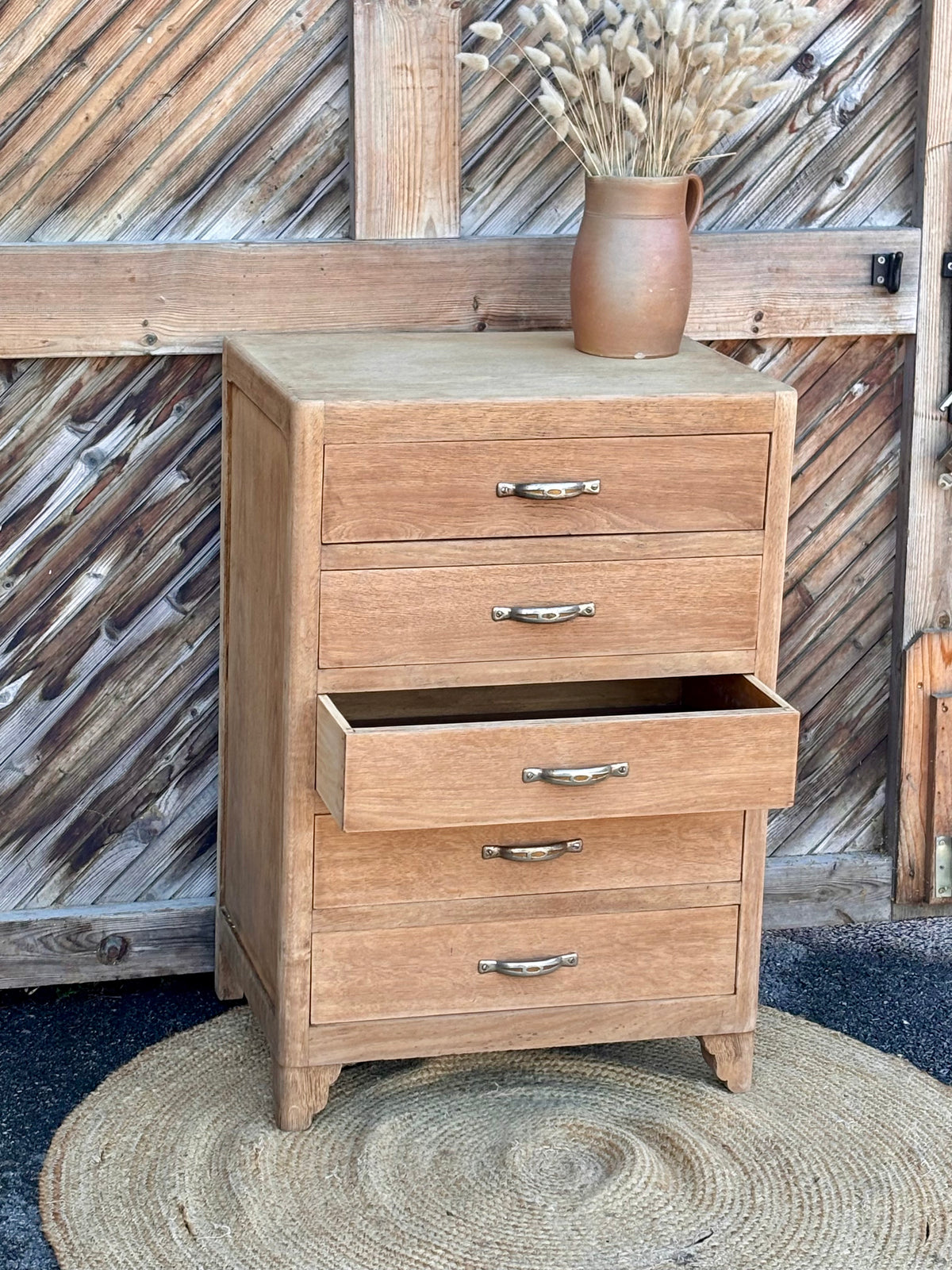 Chiffonnier vintage ancien - années 40 en chêne brut / 5 tiroirs