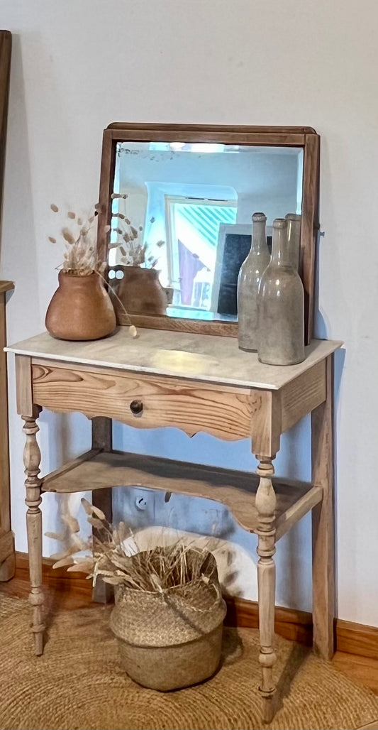Coiffeuse ancienne en bois massif brut et plateau en marbre - 1 tiroir