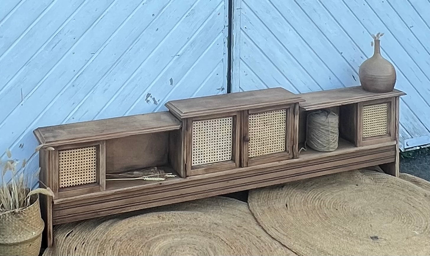 Meuble télé tv enfilade en chêne massif brut et cannage