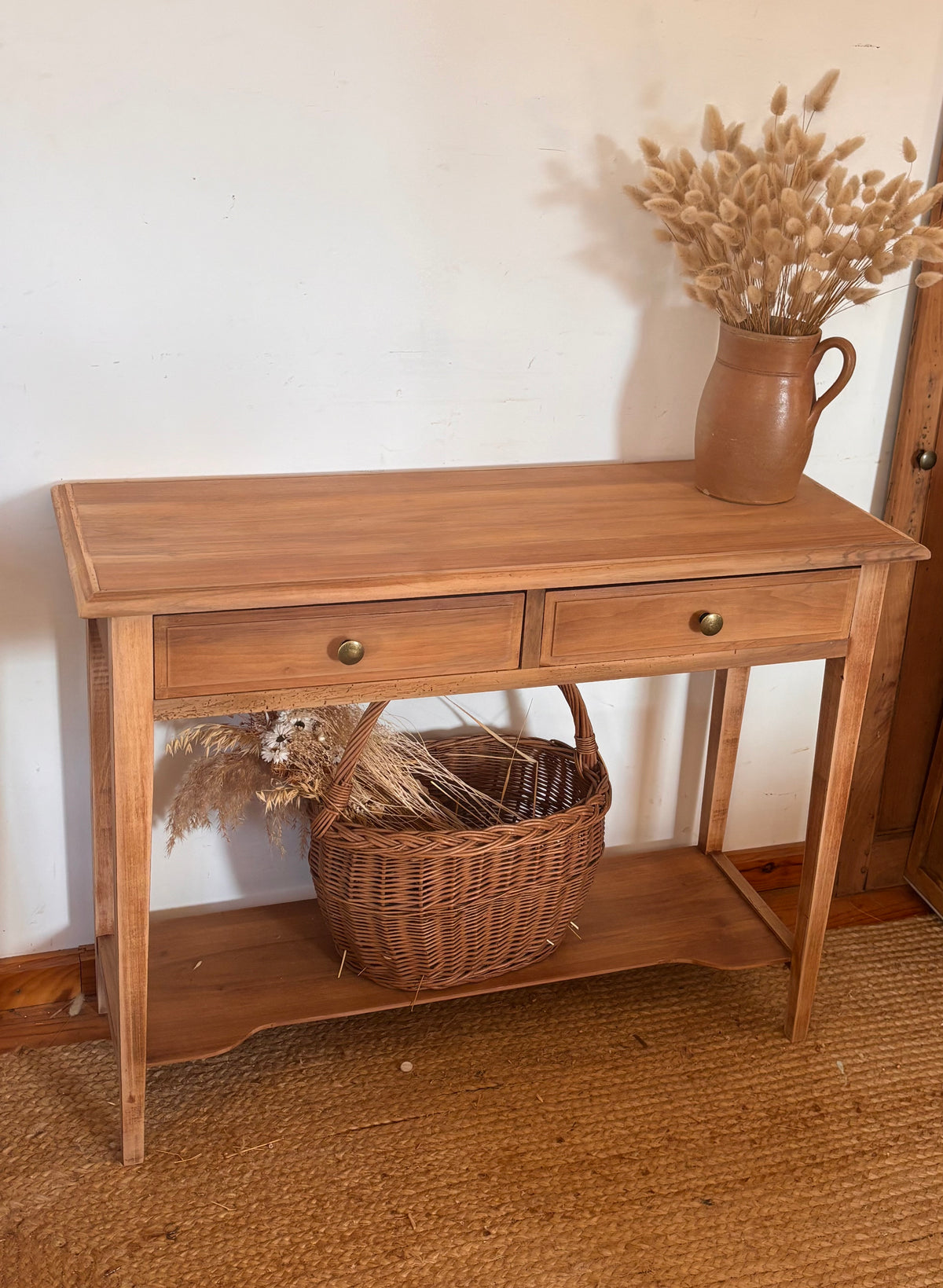 Console ancienne en bois massif brut 2 tiroirs
