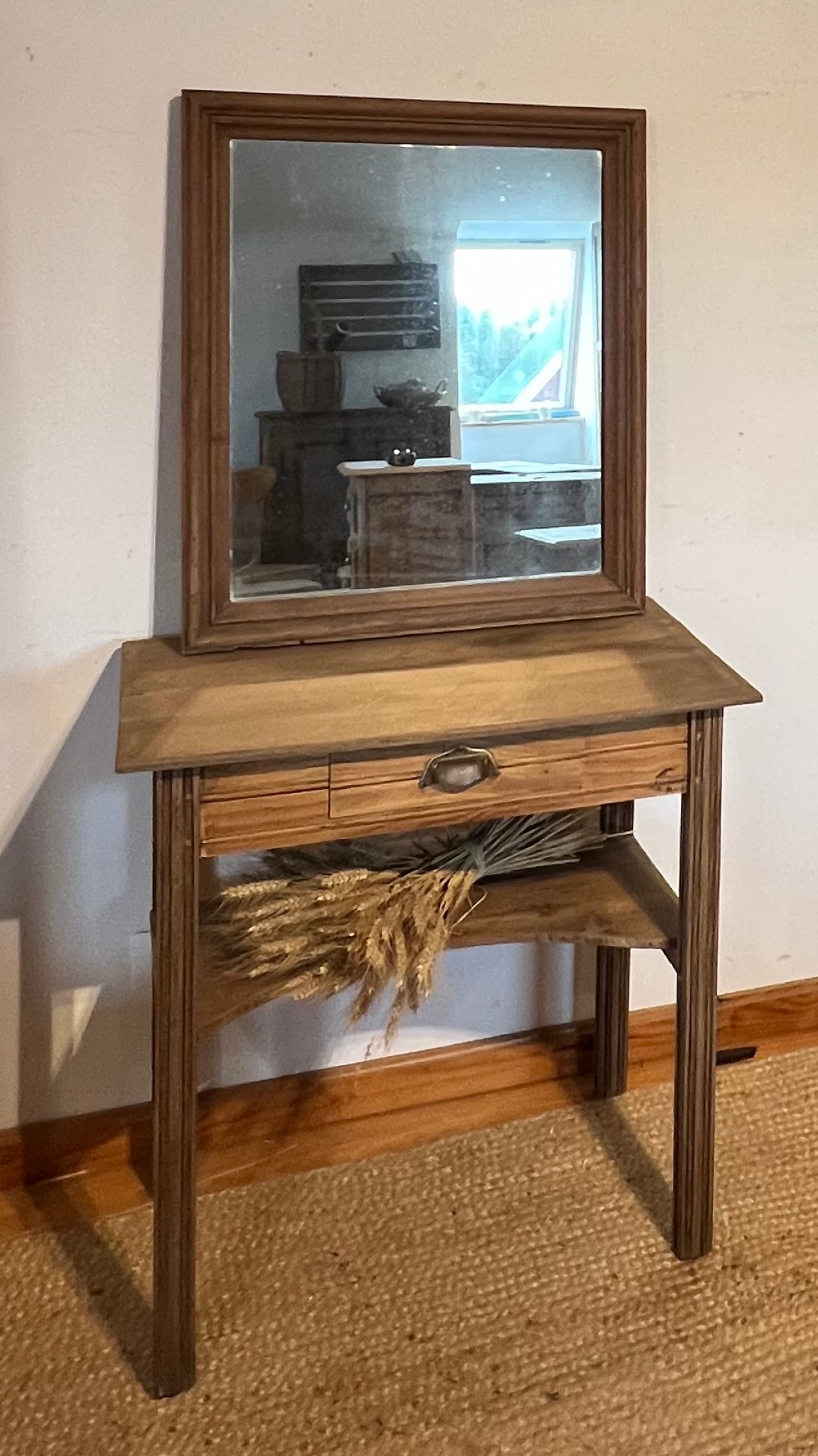 Console coiffeuse ancienne en chêne massif brut 1 tiroir