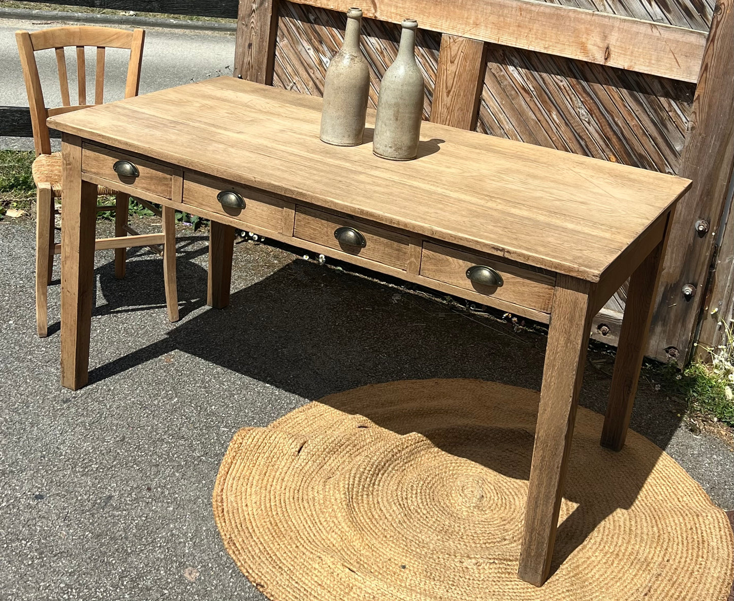 Table de ferme ancienne 6 personnes - 4 tiroirs en chêne massif brut / bureau