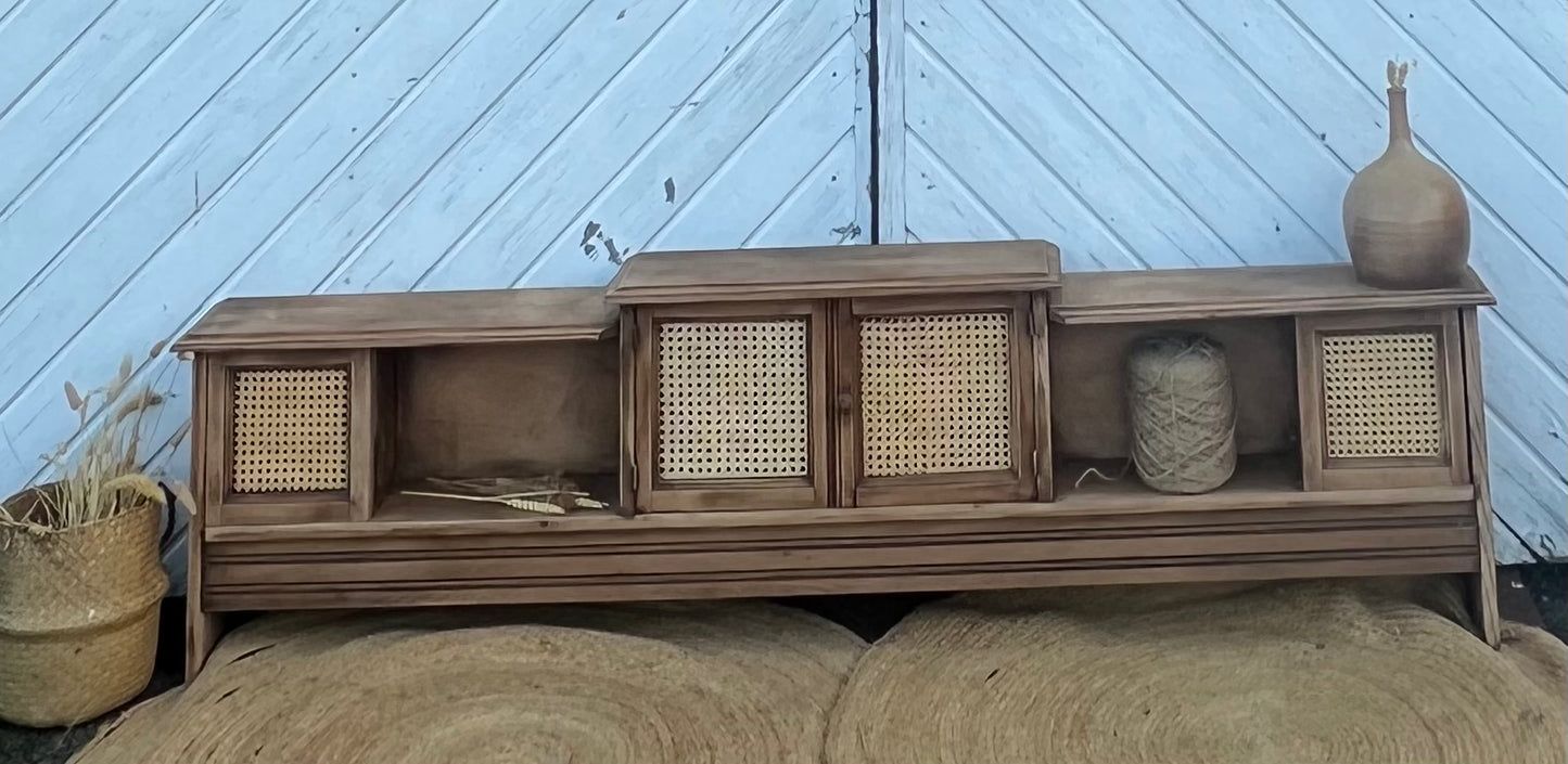 Meuble télé tv enfilade en chêne massif brut et cannage