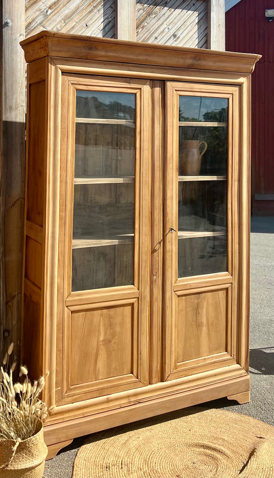 Armoire parisienne ancienne en bois massif brut : vaisselier bibliothèque
