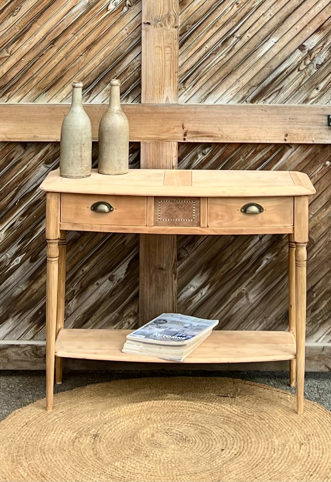 Console ancienne en bois brut : 3 tiroirs