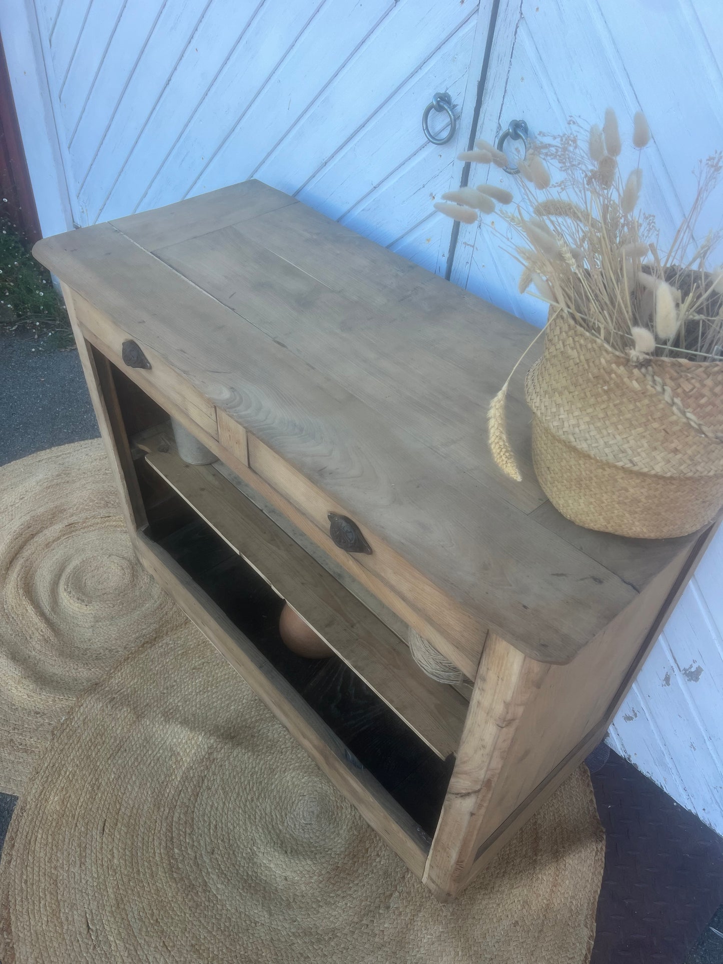 Buffet ancien / meuble vasque / vaisselier en chêne massif brut 2 tiroirs esprit campagne chic