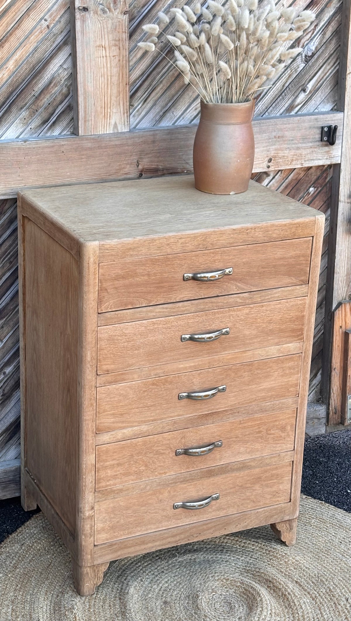 Chiffonnier vintage ancien - années 40 en chêne brut / 5 tiroirs