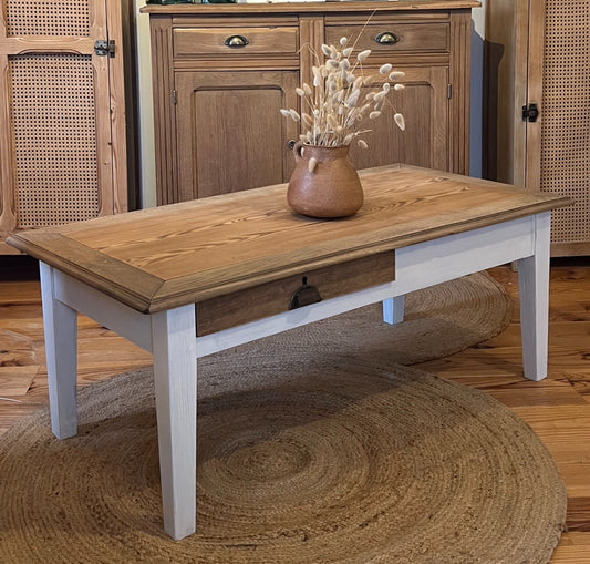 Table basse de ferme ancienne 1 tiroir en bois massif brut