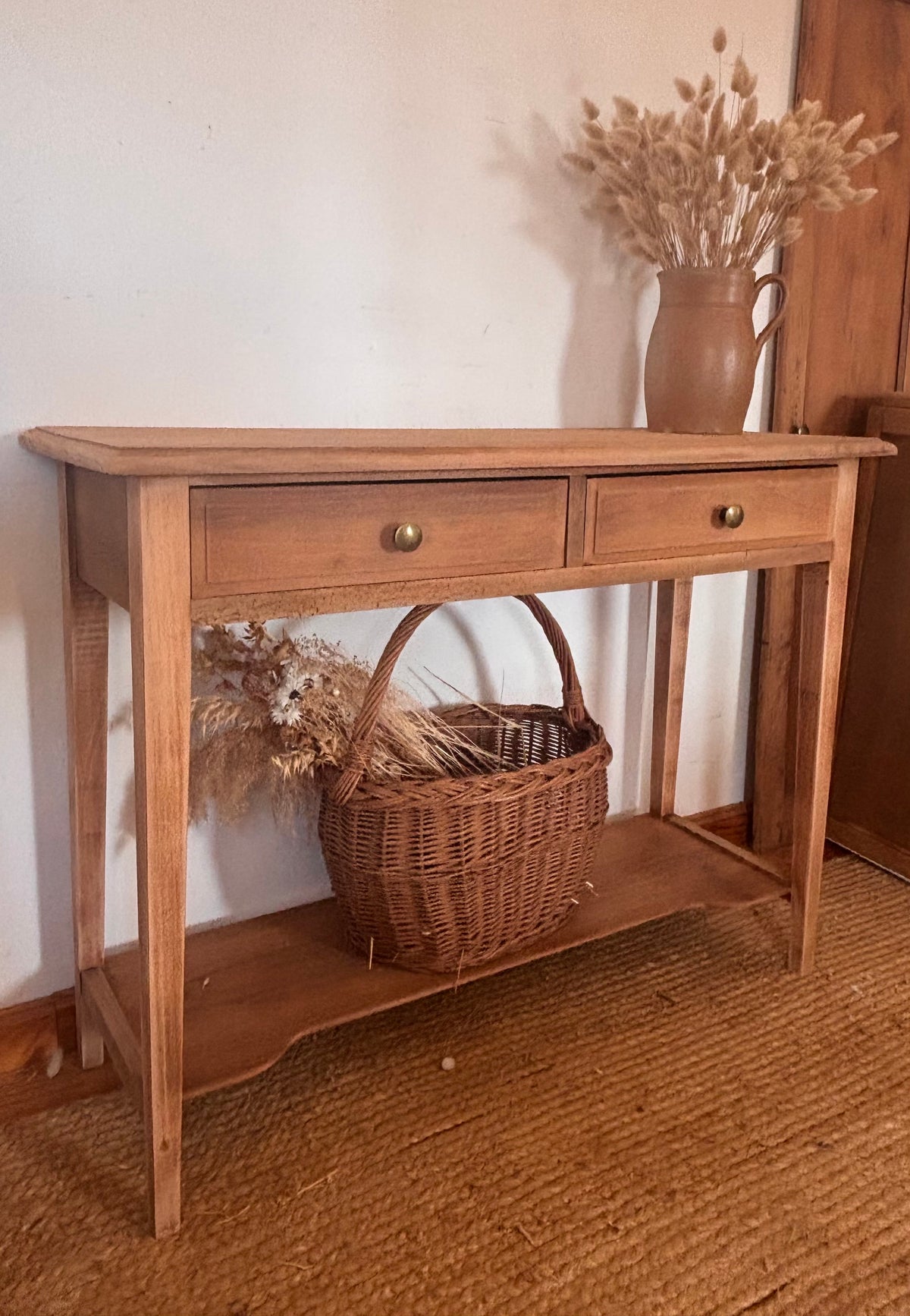Console ancienne en bois massif brut 2 tiroirs