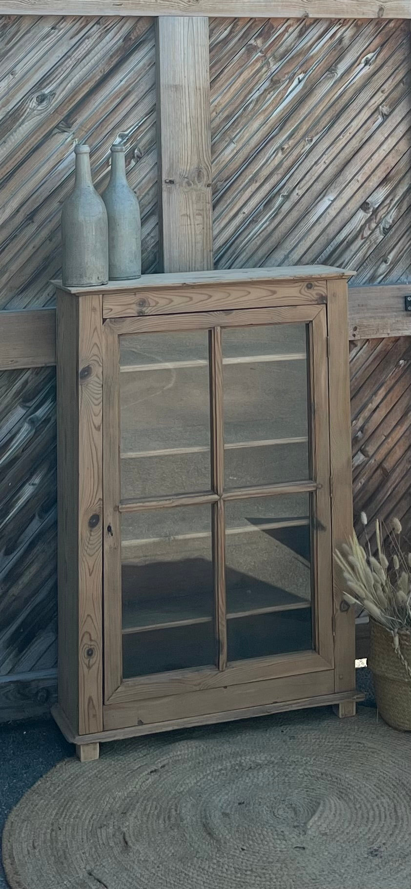 Bibus vitré étroit ancien - meuble d’entrée - bibliothèque en bois massif brut
