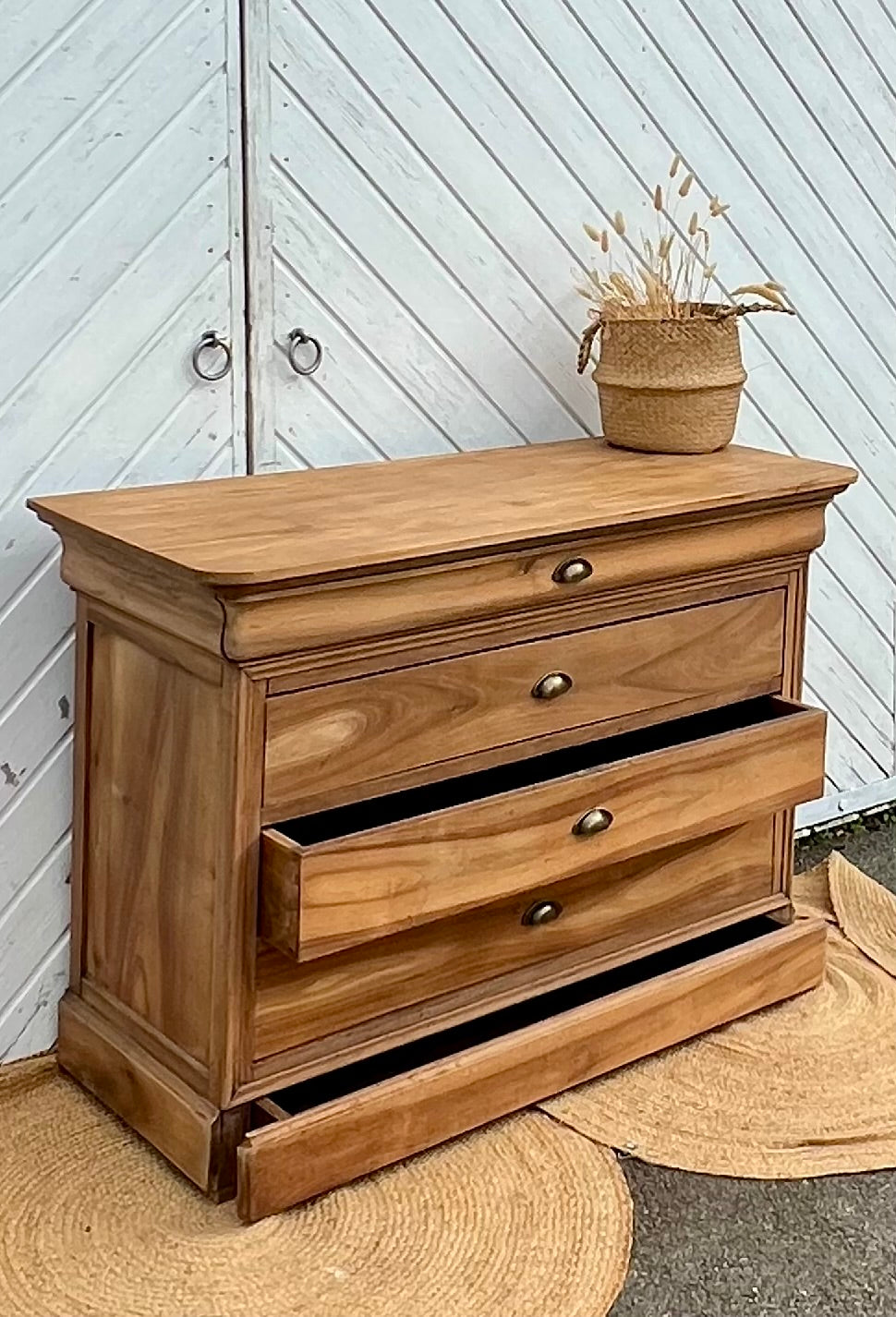 Commode ancienne en bois massif brut 5 tiroirs
