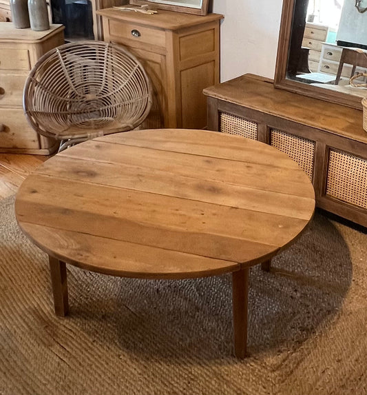 Table basse ronde ancienne en bois massif brut