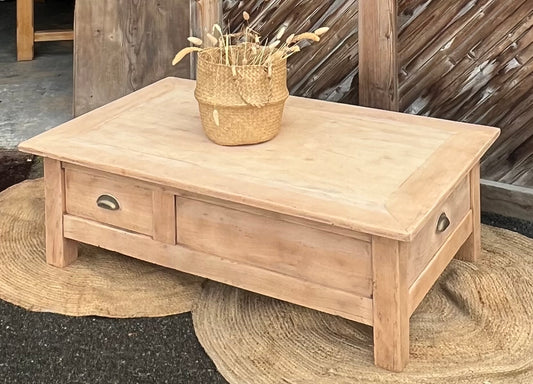 Grande table basse rénovée en bois brut 2 tiroirs
