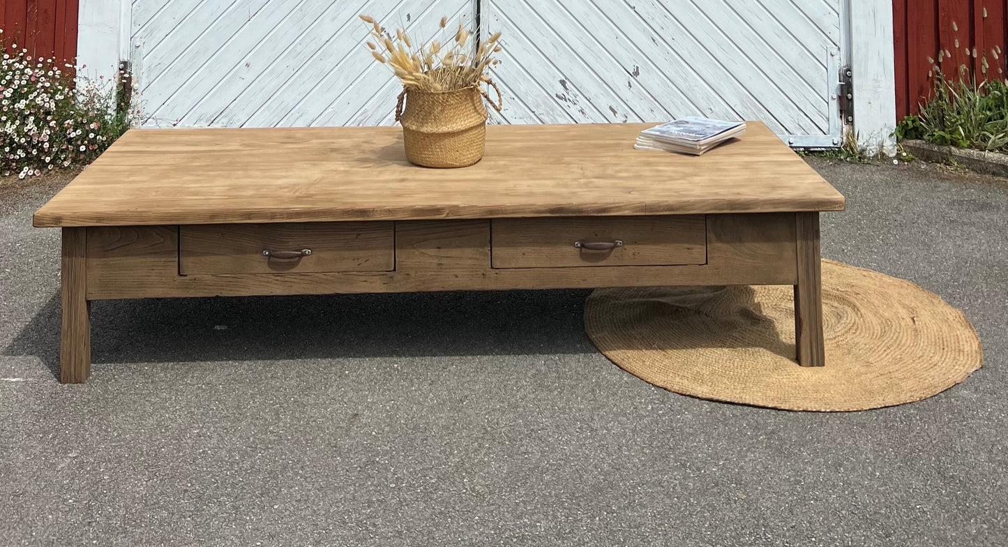 Grande table basse de ferme XXL en chêne massif brut 2 tiroirs