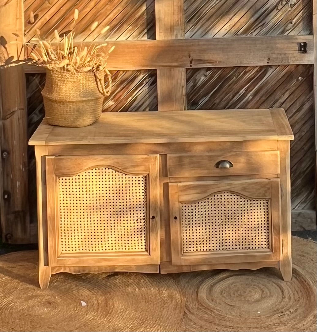 Meuble télé tv ancien en bois brut et cannage