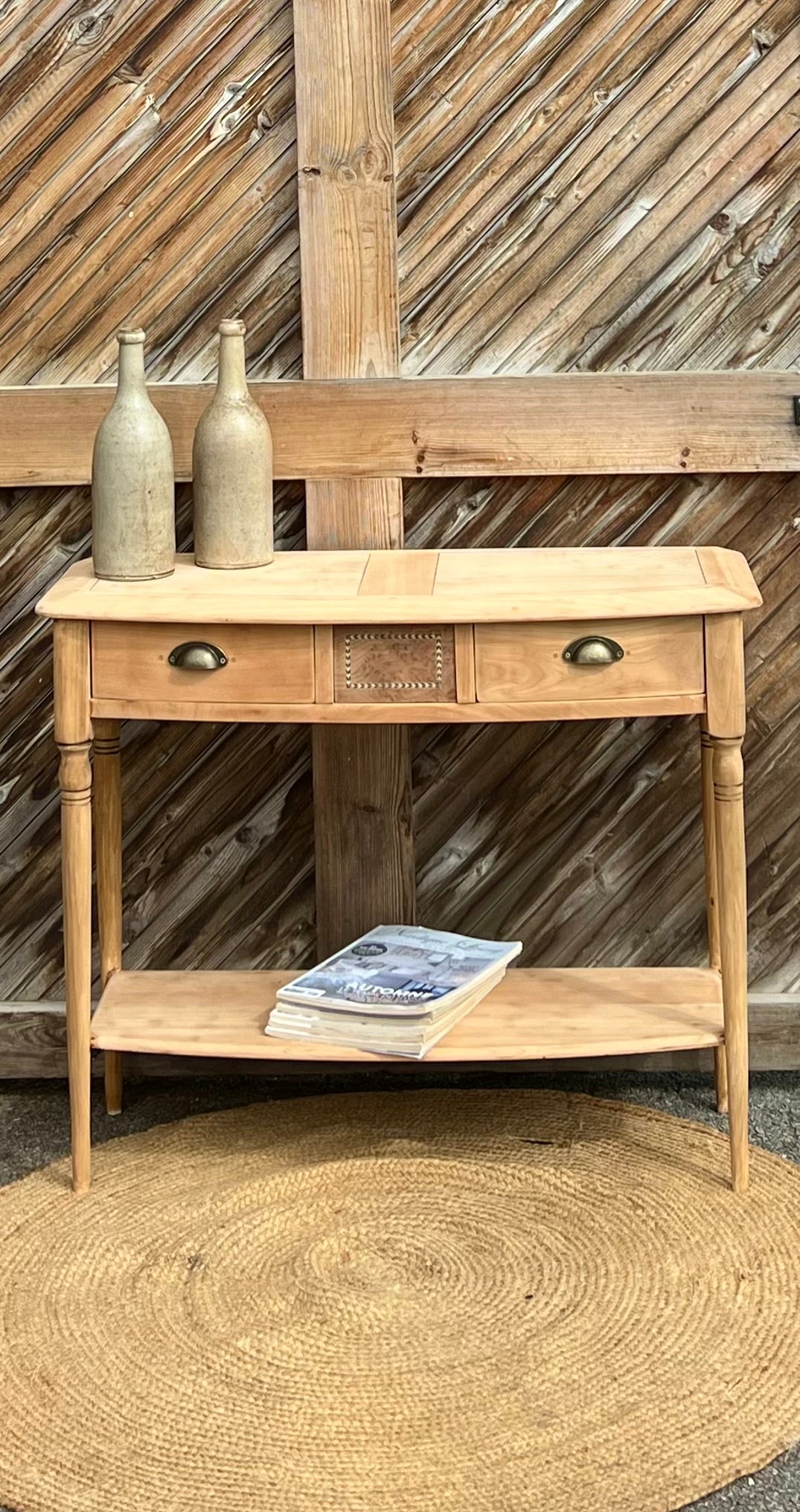 Console ancienne en bois brut : 3 tiroirs