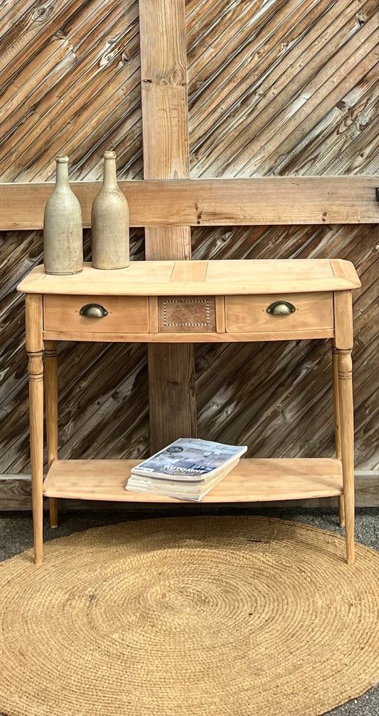Console ancienne en bois brut : 3 tiroirs