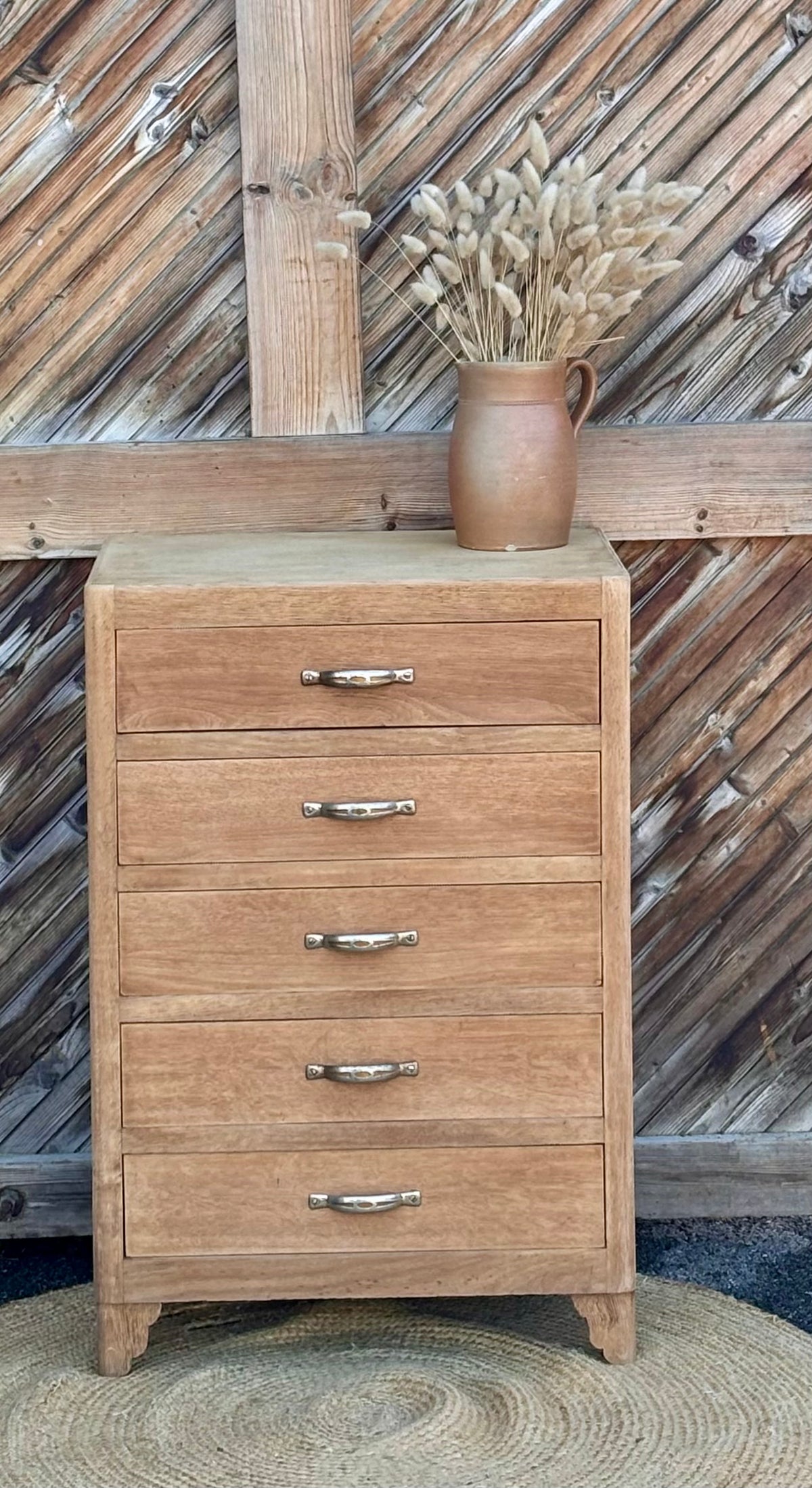 Chiffonnier vintage ancien - années 40 en chêne brut / 5 tiroirs