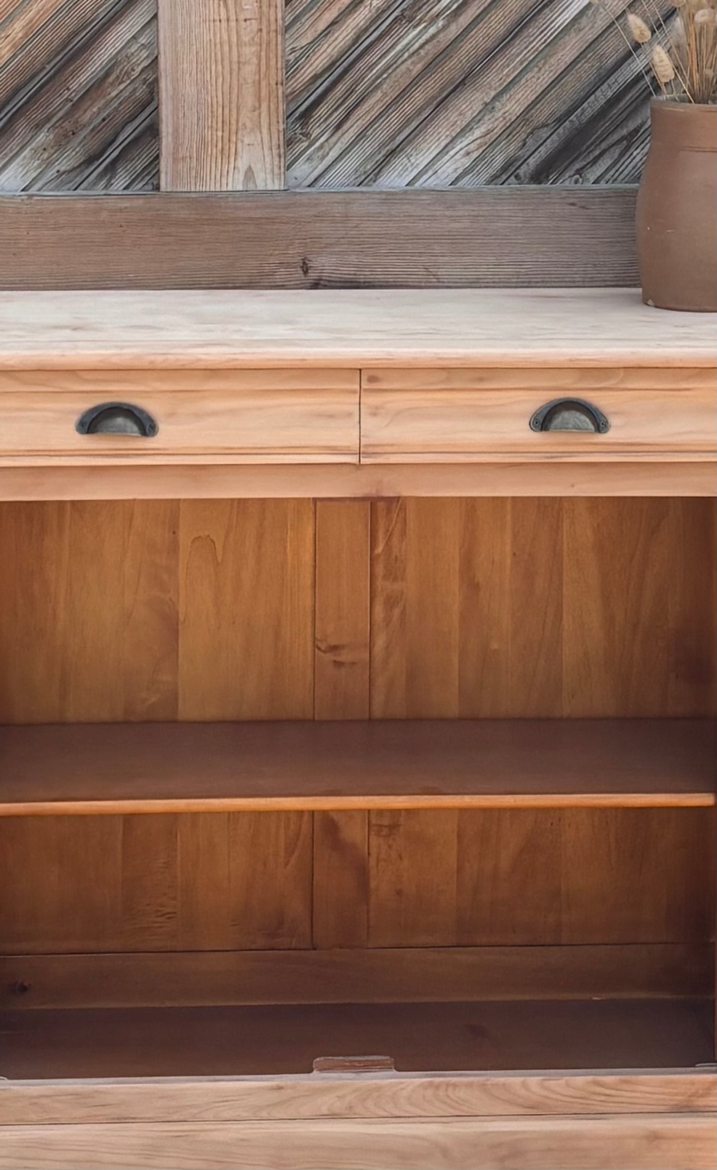 Buffet étroit rénové / console d’entrée 2 tiroirs en bois massif brut