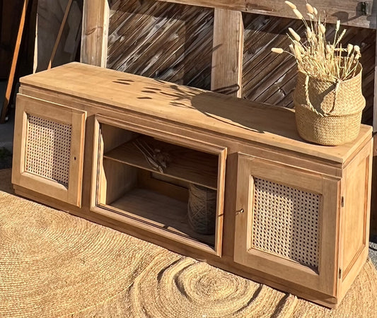 Meuble télé tv ancien en bois massif brut et cannage