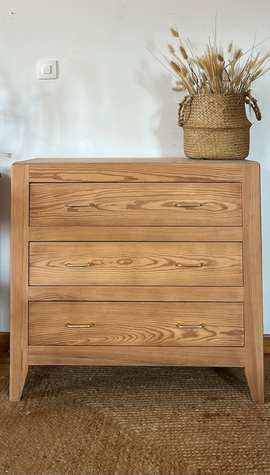 Commode vintage ancienne en bois brut pieds compas