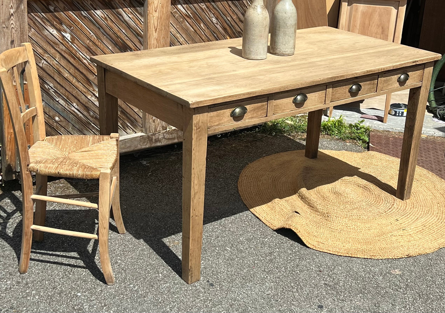 Table de ferme ancienne 6 personnes - 4 tiroirs en chêne massif brut / bureau