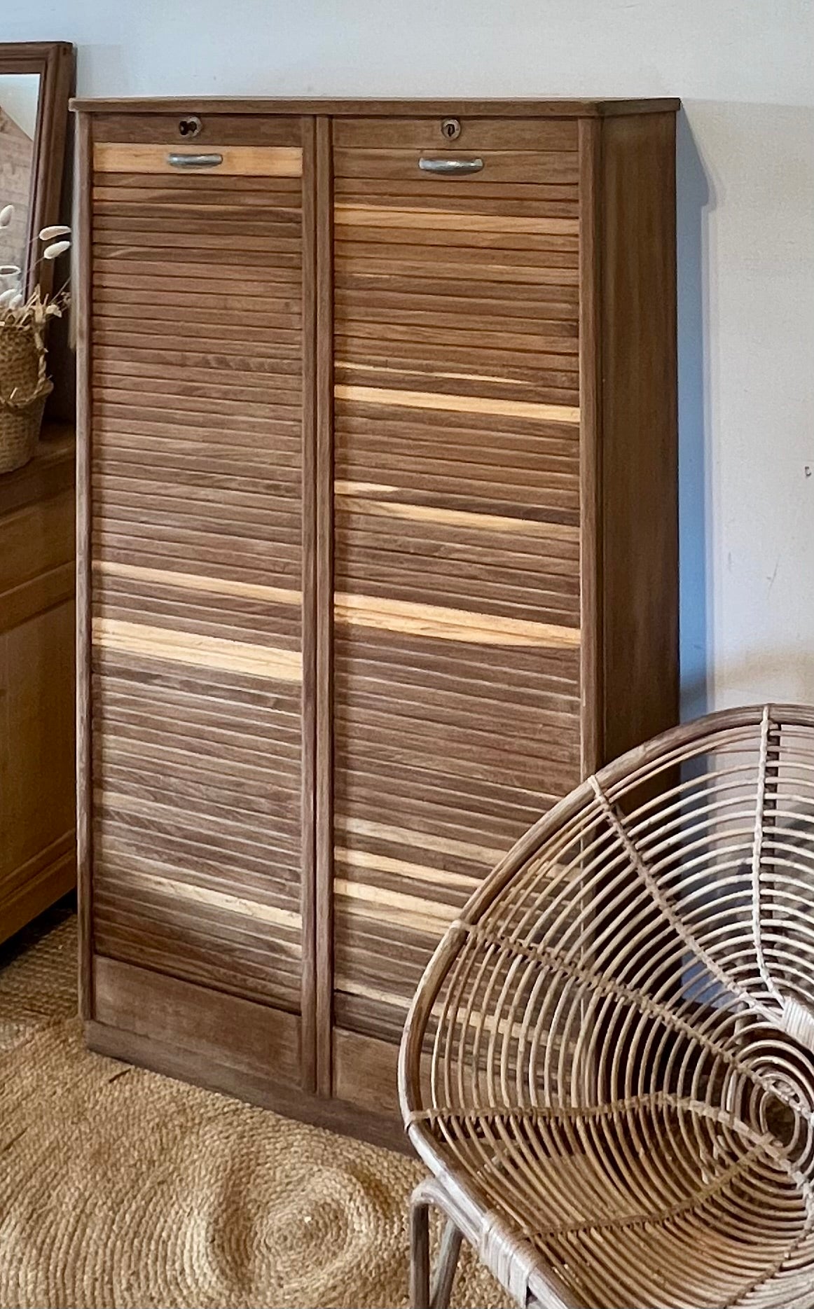 Classeur à rideau double vintage en chêne brut