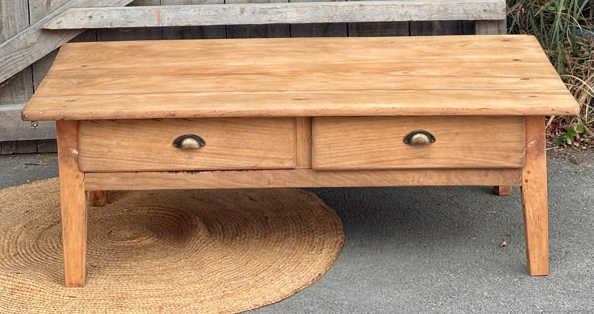 Table basse de ferme ancienne en bois massif brut 2 tiroirs