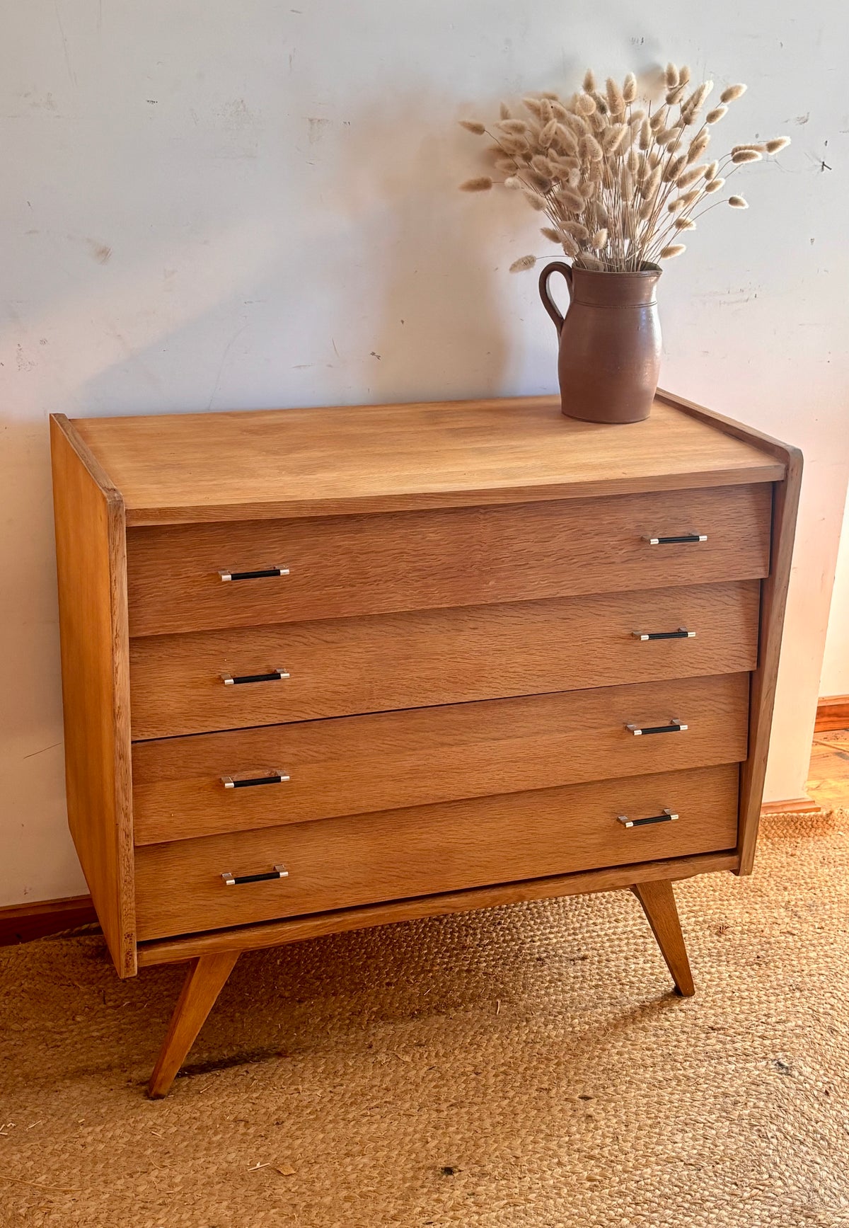 Commode vintage ancienne en chêne brut 4 tiroirs