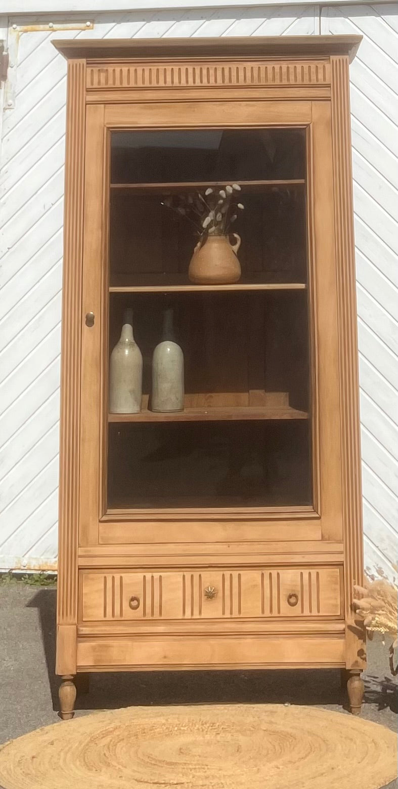Armoire parisienne vitrée ancienne en bois massif brut 1 tiroir