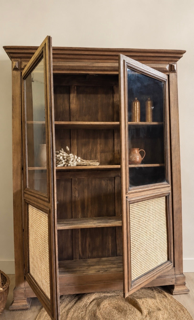 Armoire étroite ancienne en chêne massif brut : vaisselier - bibliothèque