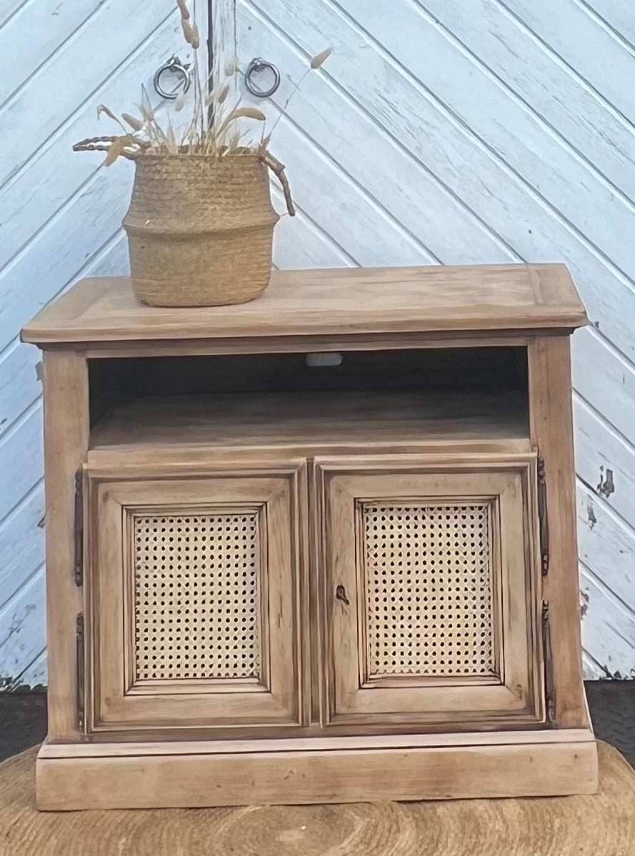 Meuble télé tv ancien en chêne massif brut et cannage