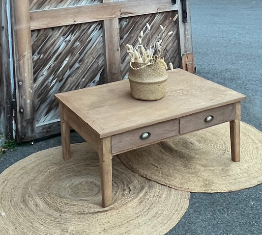 Grande table basse de ferme ancienne en chêne massif brut 2 tiroirs