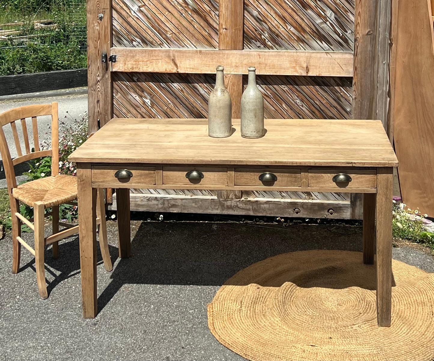 Table de ferme ancienne 6 personnes - 4 tiroirs en chêne massif brut / bureau