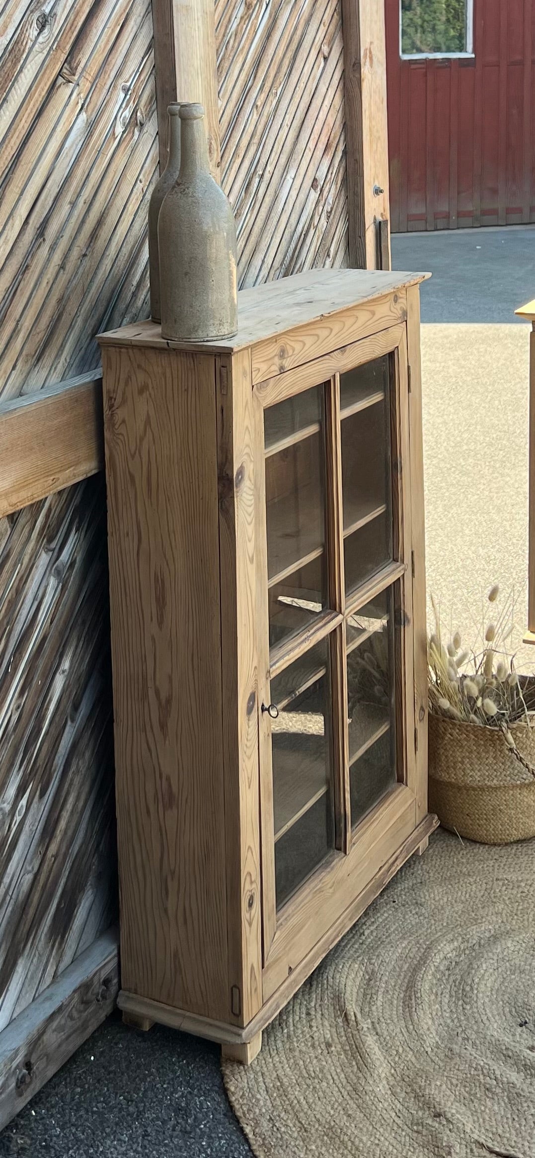 Bibus vitré étroit ancien - meuble d’entrée - bibliothèque en bois massif brut