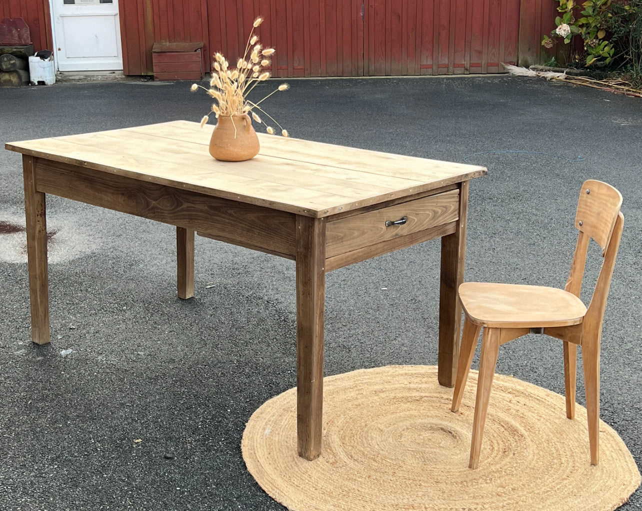 Table de ferme ancienne en bois massif brut 1 tiroir 8 personnes