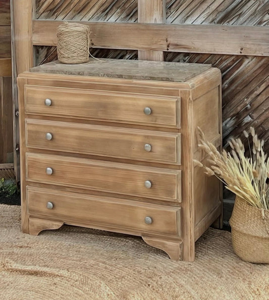 Commode ancienne en bois massif brut et marbre beige