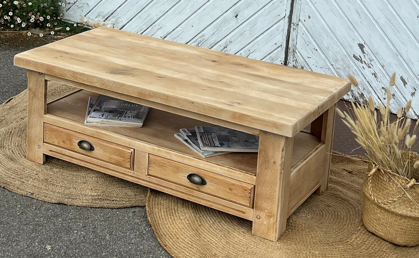 Table basse rénovée en chêne massif brut 2 tiroirs traversants esprit campagne chic